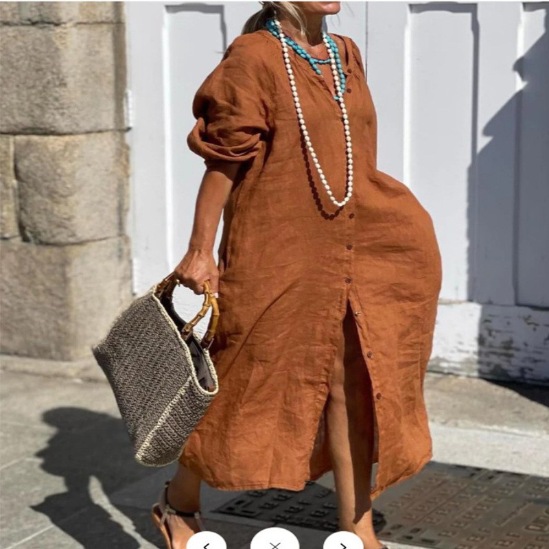 Casual Loose Linen Shirt Dress - Robe chemise élégante en coton et