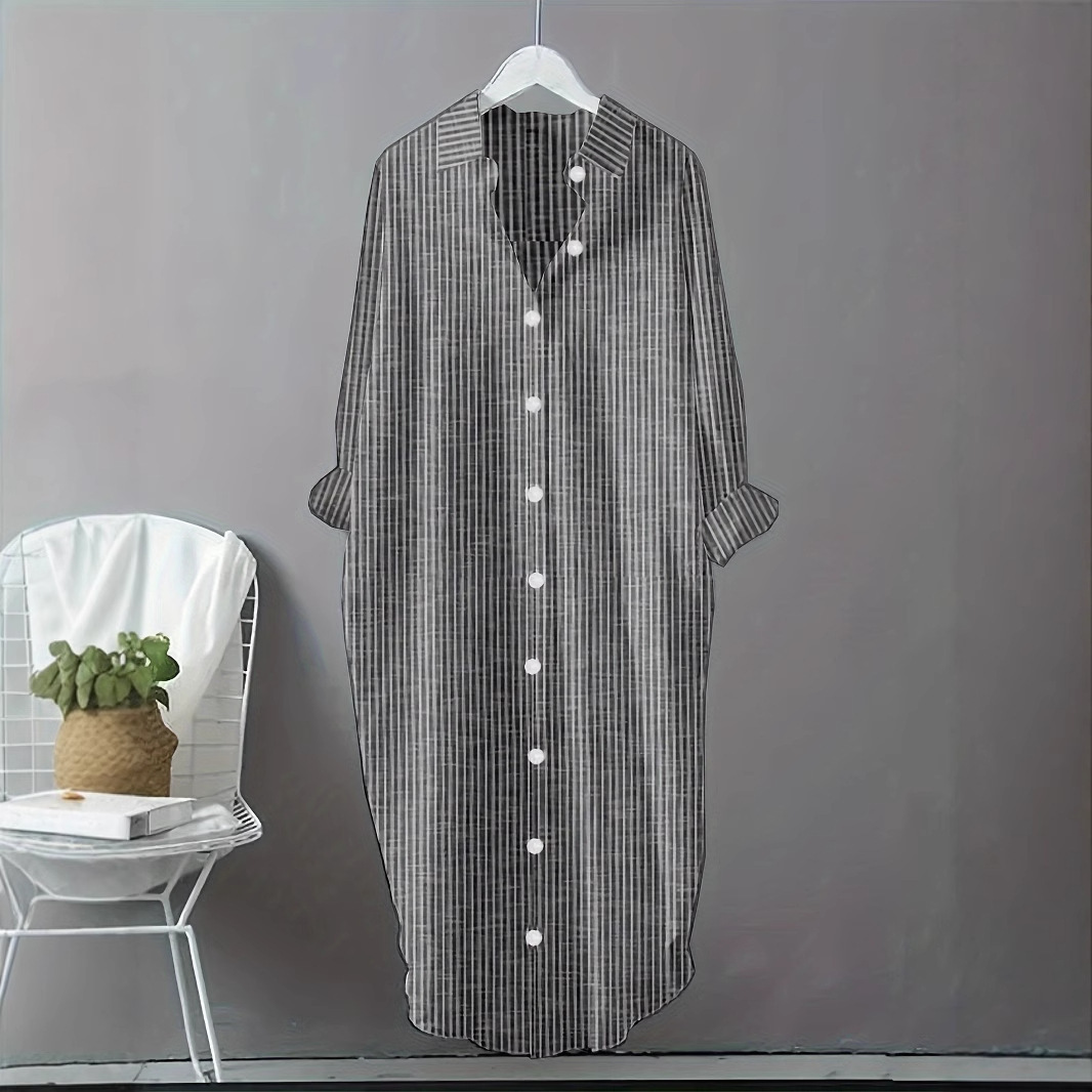 Casual Loose Linen Shirt Dress - Robe chemise rayée vintage en coton