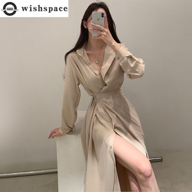 Korean Style A Line Shirt Dress - Robe chemise à revers à manches