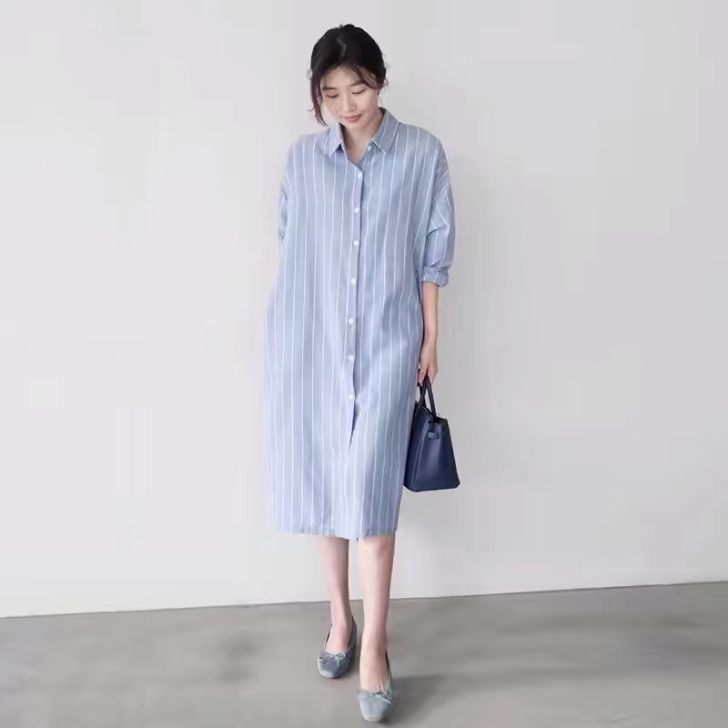 Korean Style A Line Shirt Dress - Robe chemise rayée bleue pour femme,
