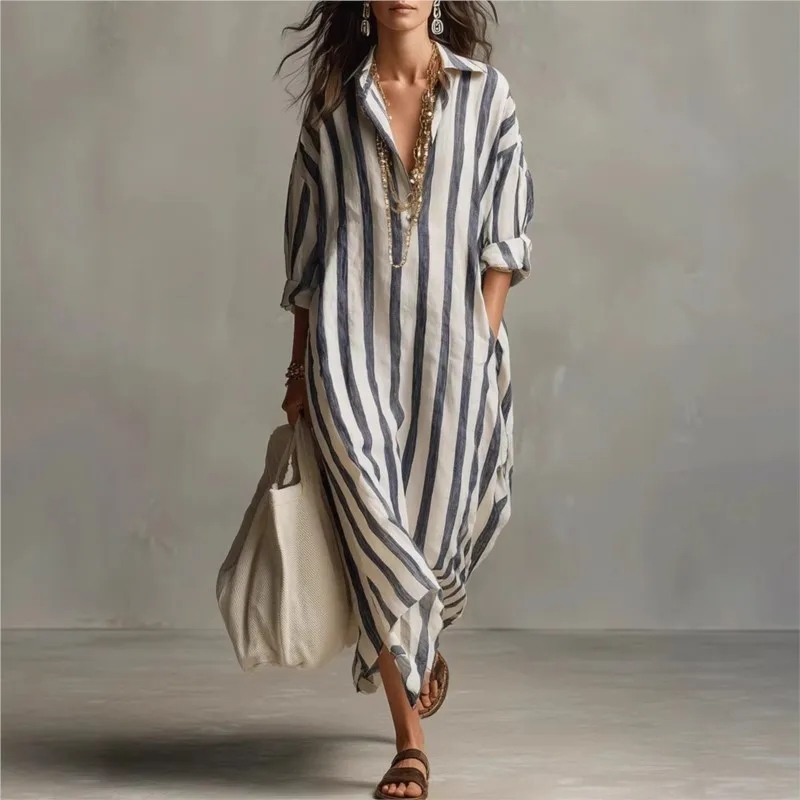 Robe longue élégante en lin à  - Casual Loose Linen Shirt Dress avis et prix
