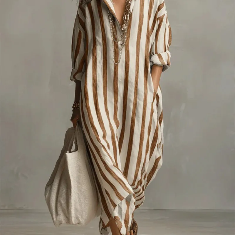Robe longue élégante en lin à  - Casual Loose Linen Shirt Dress avis et prix
