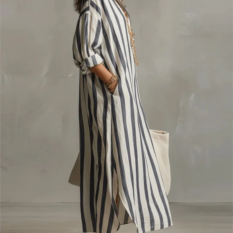 Robe longue élégante en lin à  - Casual Loose Linen Shirt Dress avis et prix
