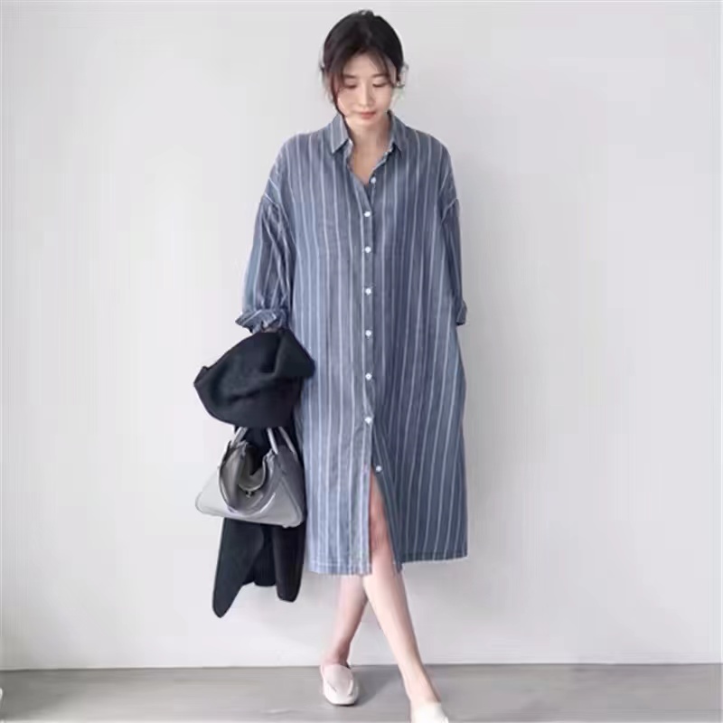 Robe chemise rayée bleue pour  - Korean Style A Line Shirt Dress avis et prix