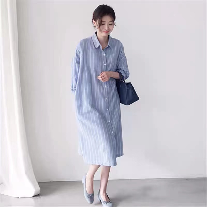 Robe chemise rayée bleue pour  - Korean Style A Line Shirt Dress avis et prix