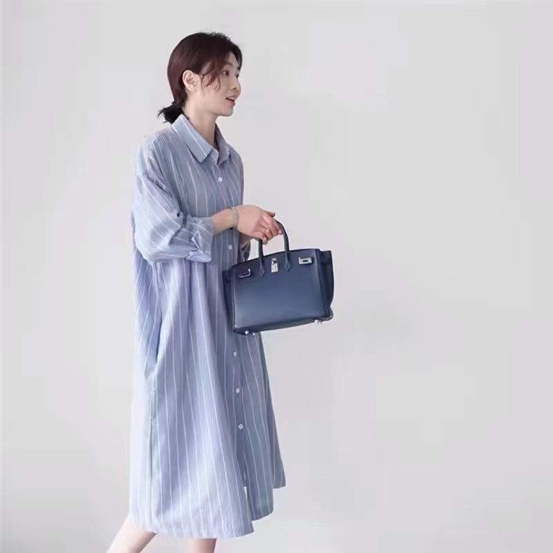Robe chemise rayée bleue pour  - Korean Style A Line Shirt Dress avis et prix